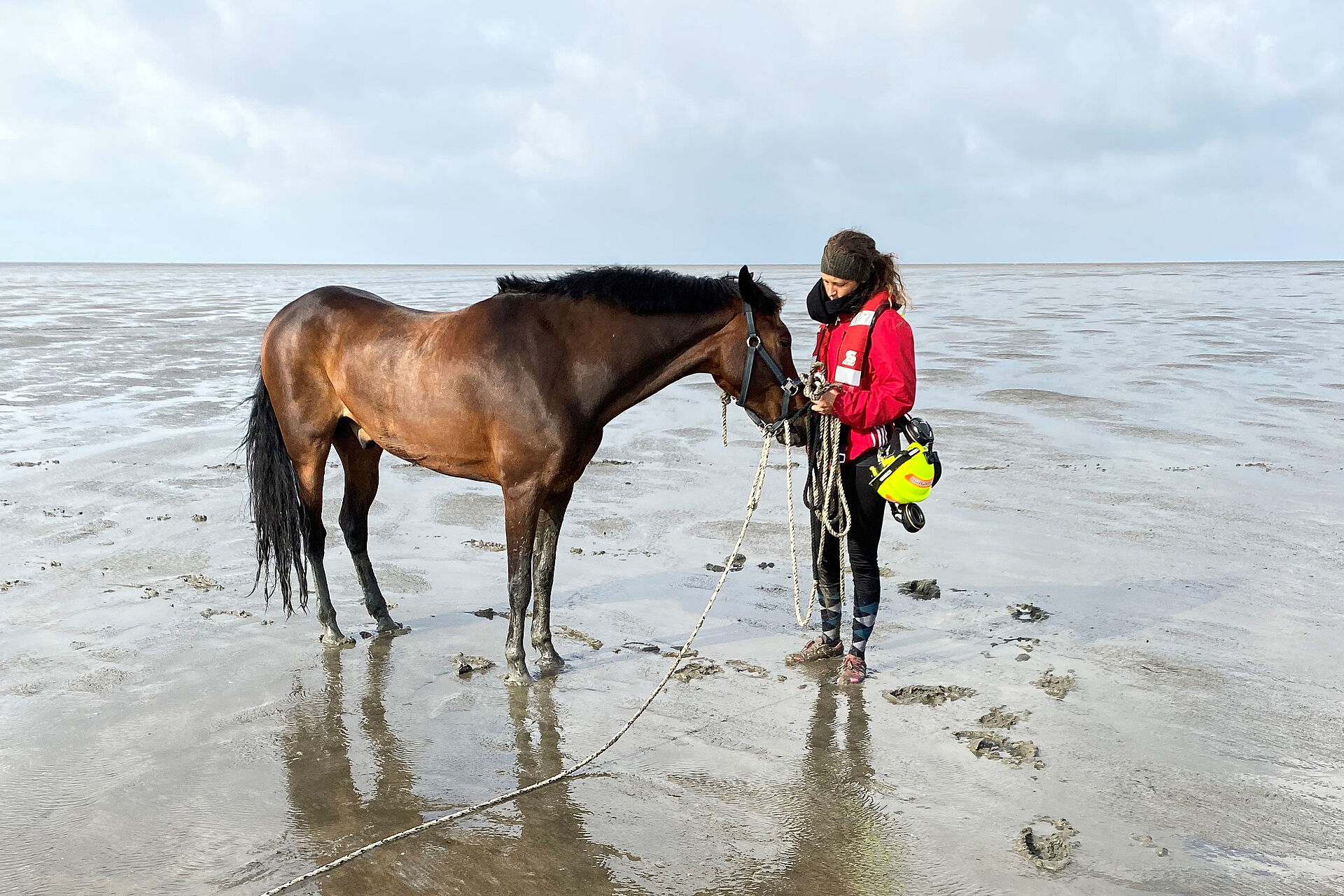 Eine Seenotretterin steht mit einem Pferd im Watt
