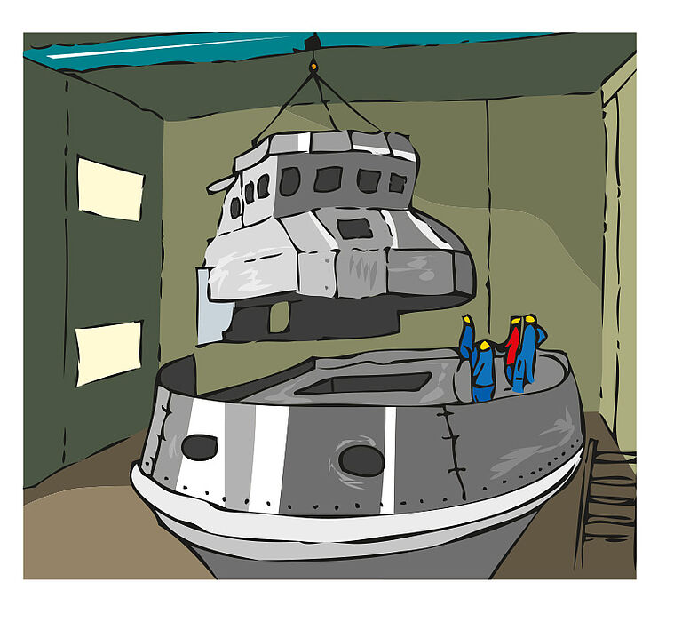 Illustration eines Schiffsbaus. Bootshaus wird auf den Schiffsrumpf mit einem Kran gehoben 