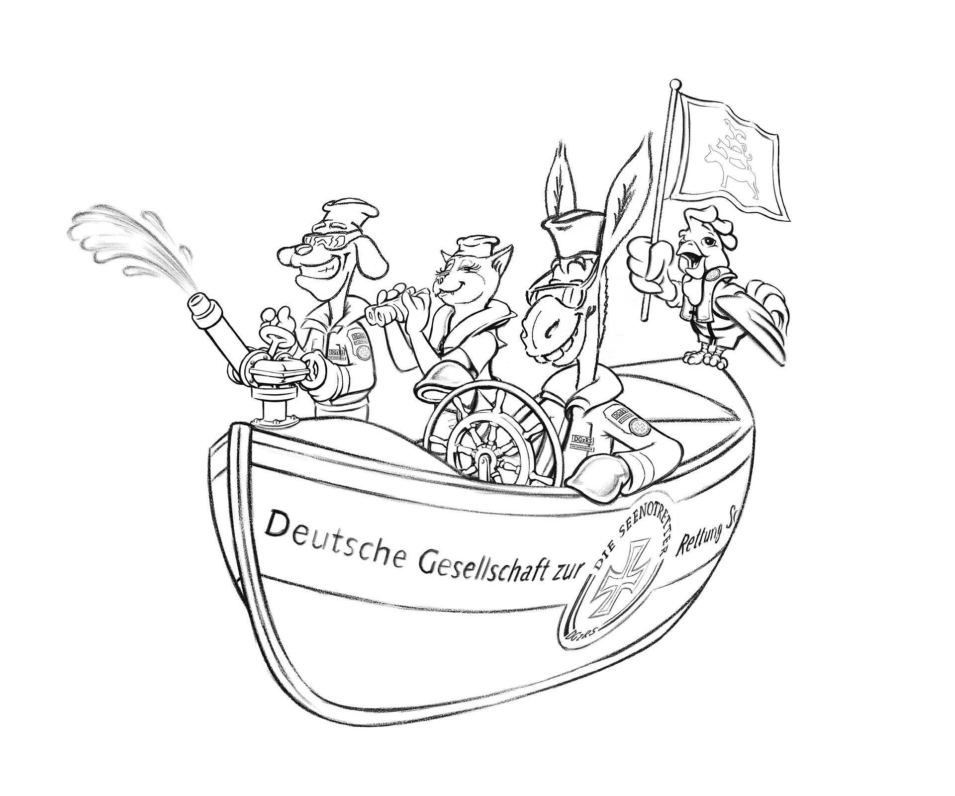 Vorlage für ein Ausmalbild: die Bremer Stadtmusikanten (ein Hund, eine Katze, ein Esel und ein Huhn) fahren mit einem Sammelschiffchen der Seenotretter.