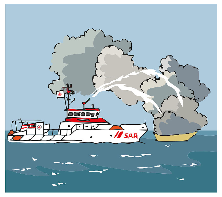 IIllustration eines Seenotrettungskreuzers beim Löschen eines brennenden Bootes auf hoher See