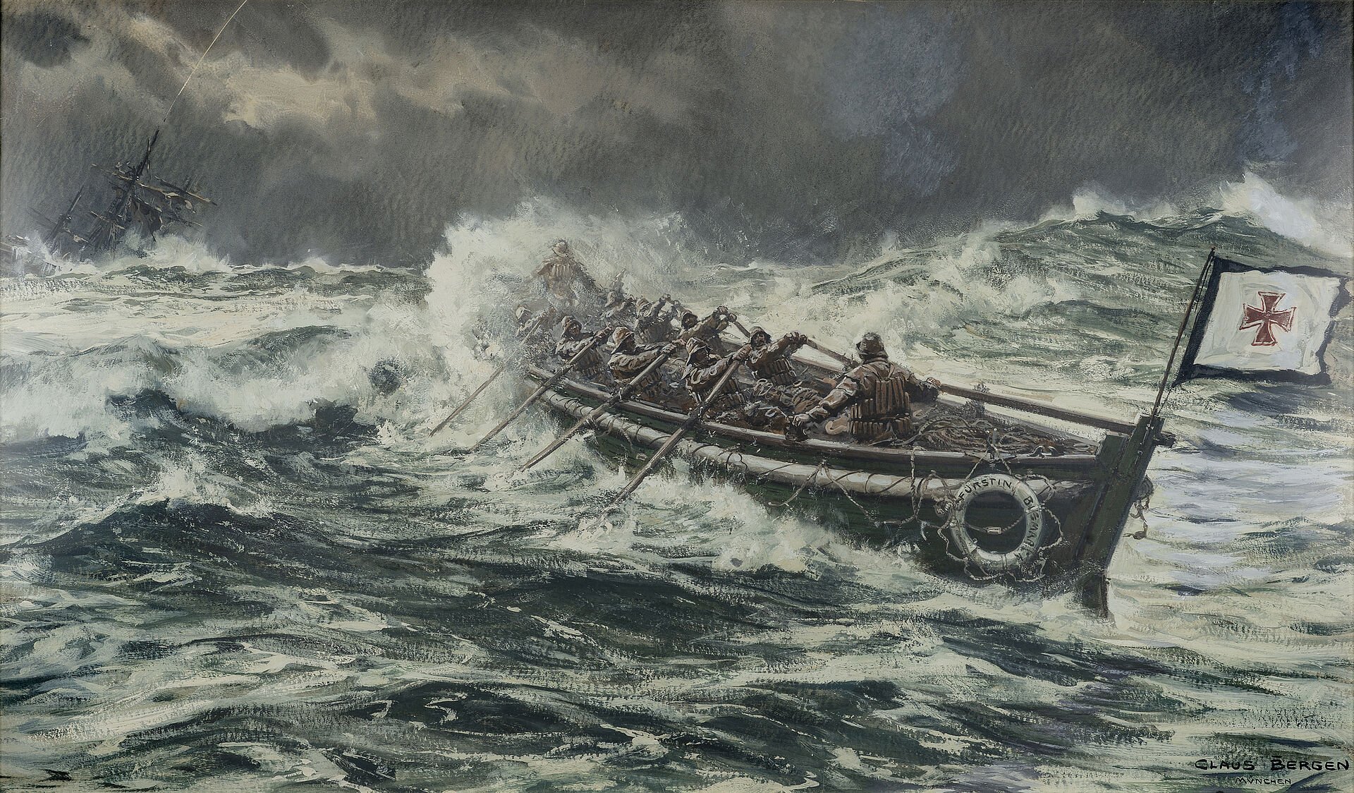 19th century painting of a lifeboat at sea
