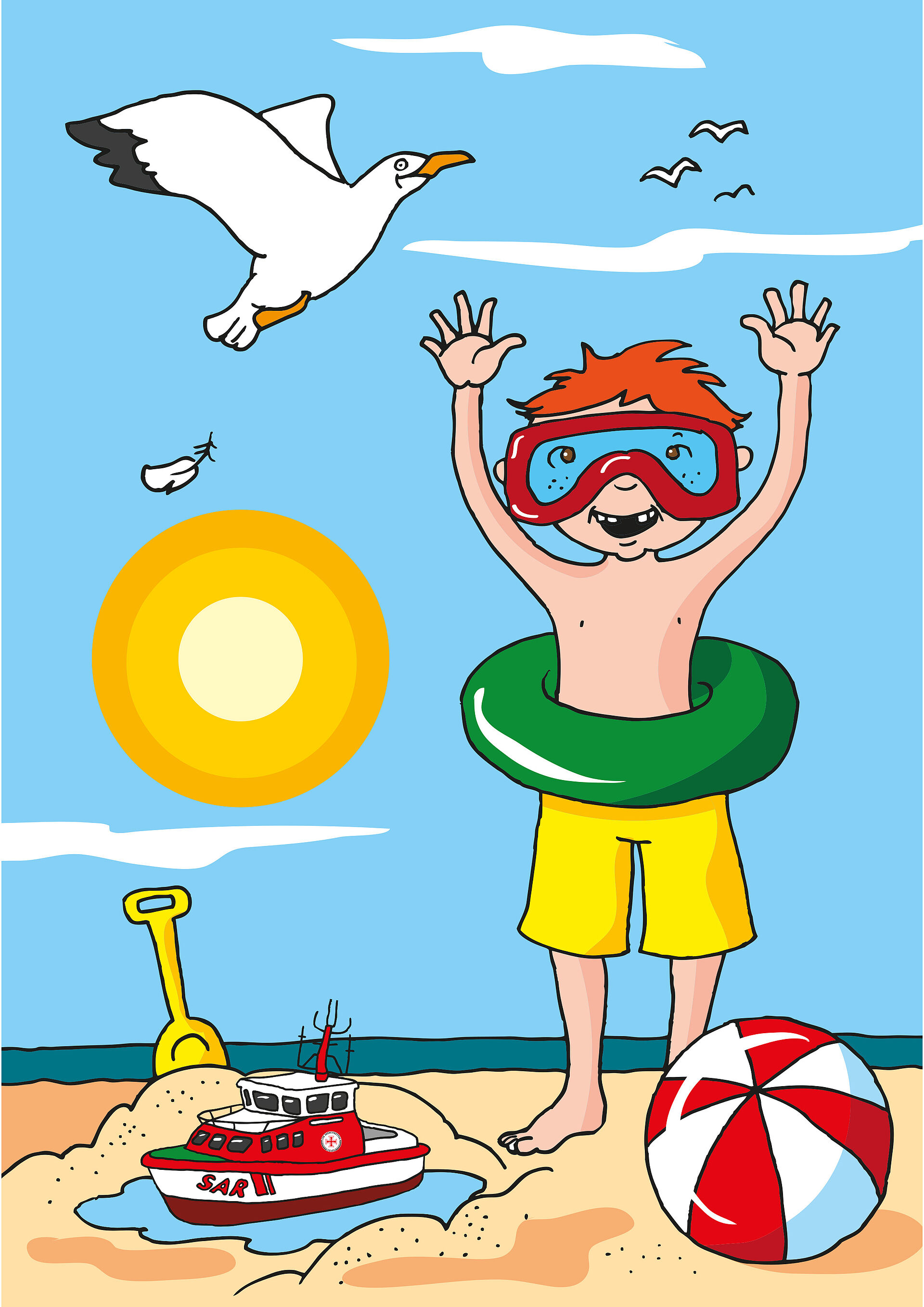 Illustration eines Kindes mit Schwimmreifen und Taucherbrille am Strand