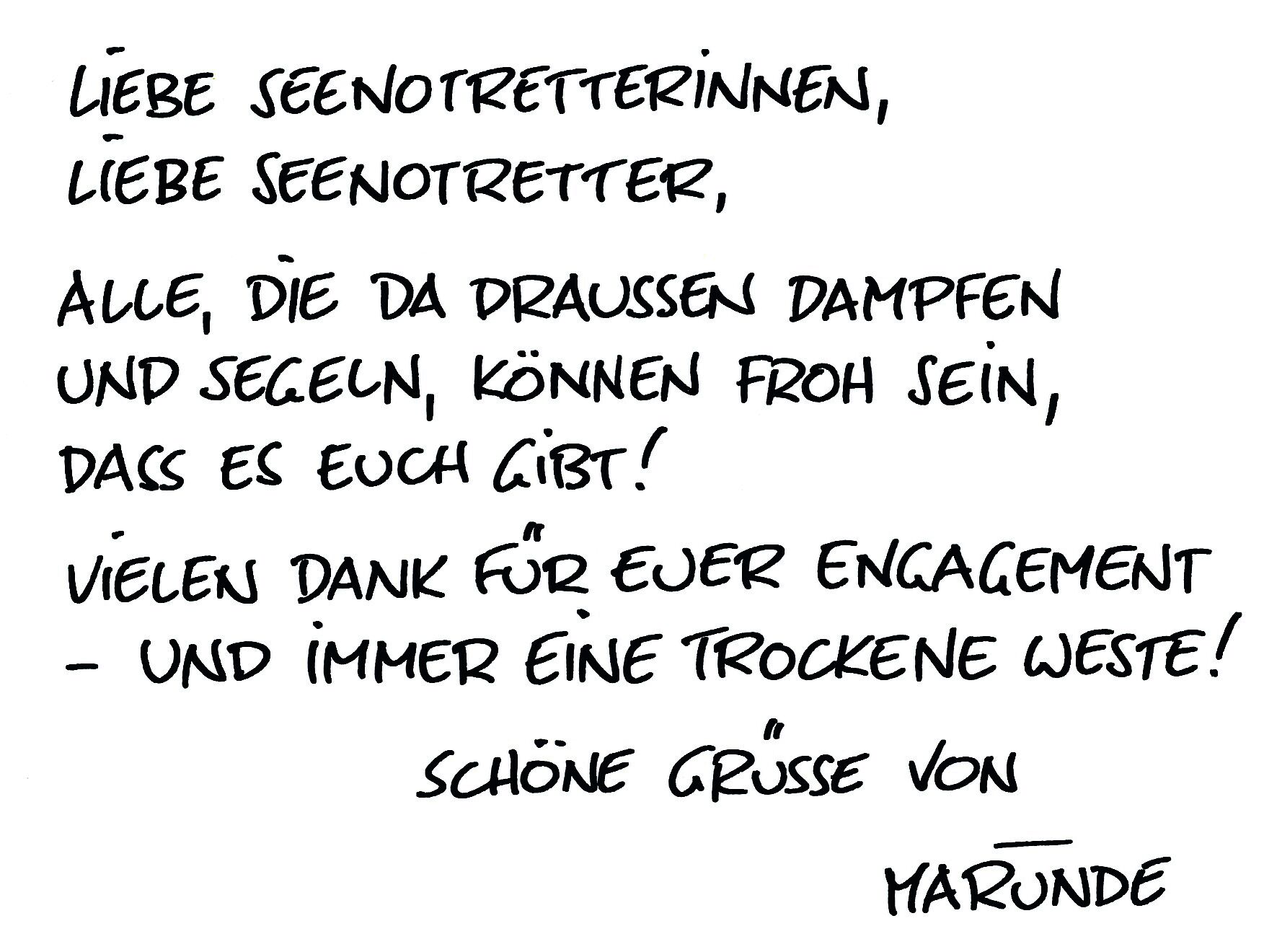 Ein handschriftliches Zitat des Cartoonisten und Seenotretter-Botschafter Wolf-Rüdiger Marunde