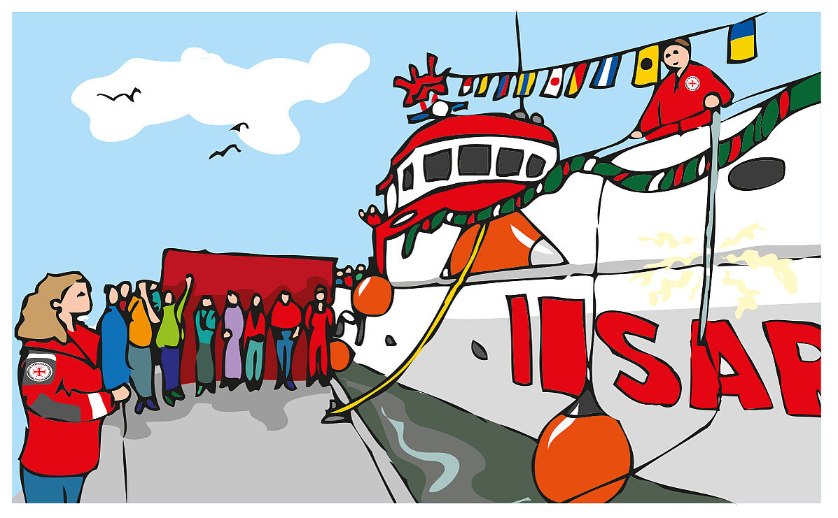 Illustration einer Schiffstaufe eines Seenotrettungskreuzers im Hafen