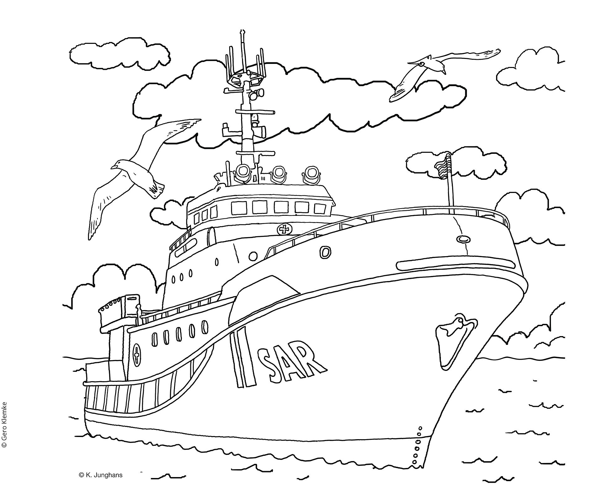 Vorlage eines Ausmalbildes zeigt den Seenotrettungskreuzer HERMANN MARWEDE.