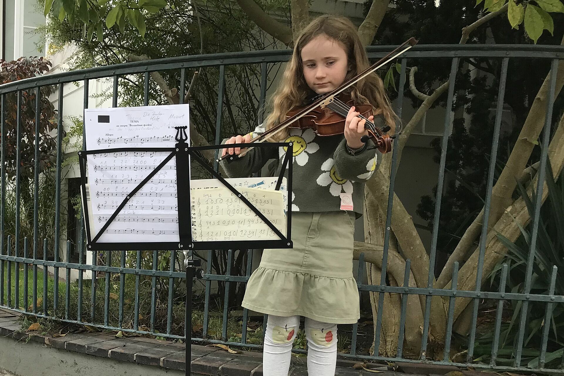 Das neunjährige Mädchen steht mit seiner Geige an einer Straßenecke und musiziert. Vor ihm steht der geöffnete Geigenkasten auf dem Boden, worin bereits gespendetes Geld liegt sowie eine Zeichnung von einem Sammelschiffchen.