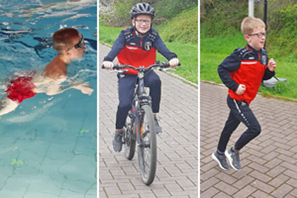 Es sind drei Fotos in einem: Auf einem schwimmt ein Junge, auf dem anderem fährt er Fahrrad und auf dem dritten läuft er