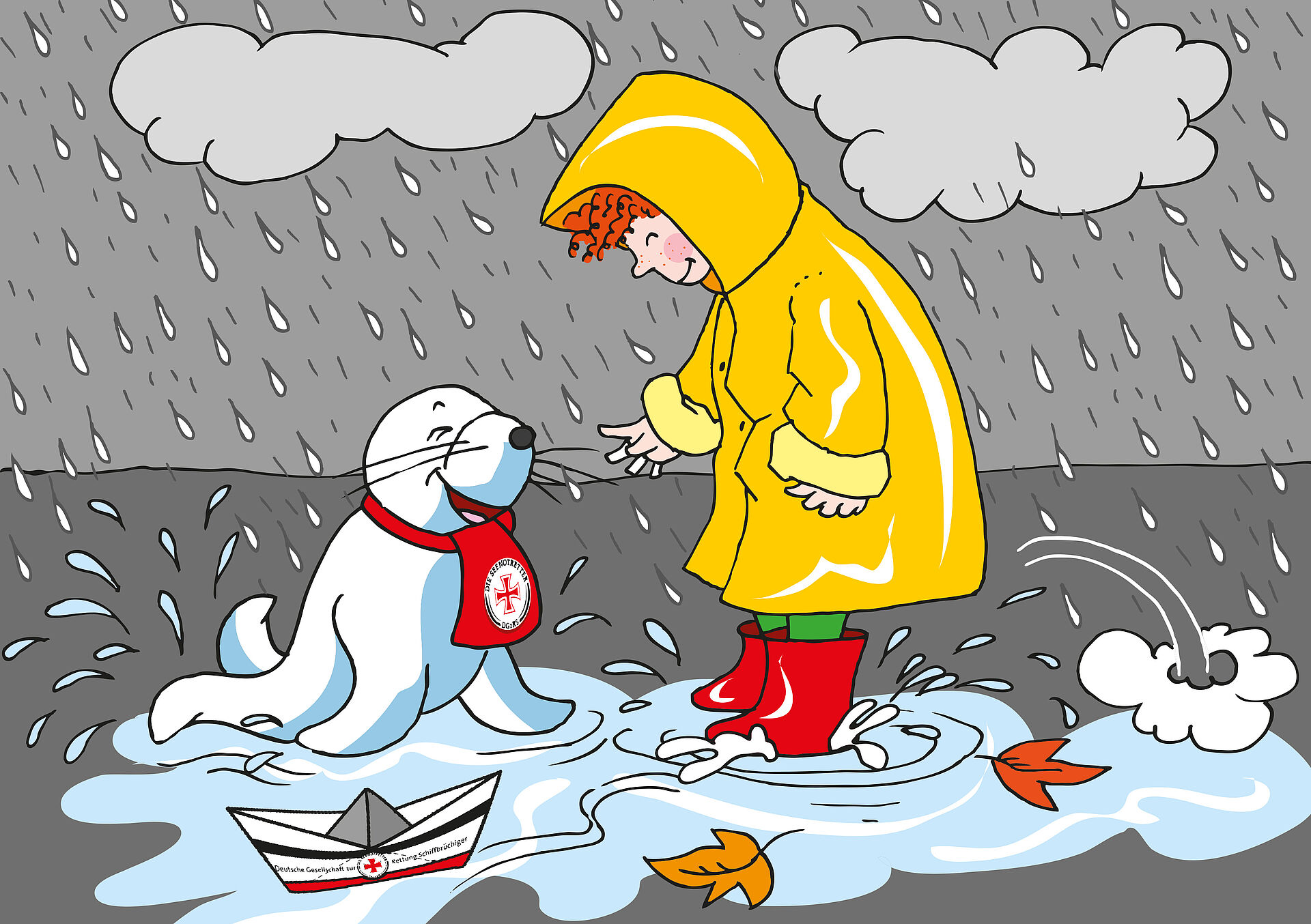 Abbildung von einer weißen Robbe und einem kleinen Jungen im gelben Regenmantel