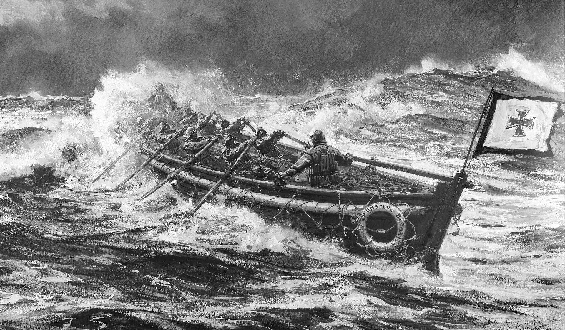 Historisches Ölgemälde zeigt ein Ruderrettungsboot, das mit Seenotrettern in Ölzeug und Korkwesten durch hohe Wellen zu einem havarierten Segelschiff fährt.