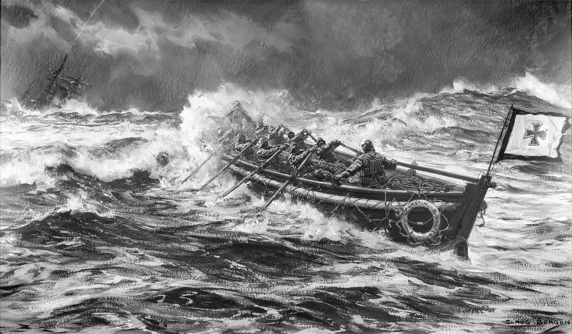 Historisches Ölgemälde zeigt ein Ruderrettungsboot, das mit Seenotrettern in Ölzeug und Korkwesten durch hohe Wellen zu einem havarierten Segelschiff fährt.