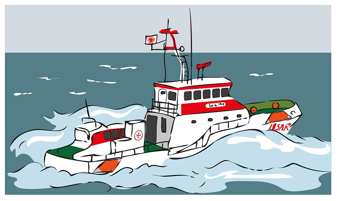 Illustration eines Seenotrettungskreuzers im Einsatz