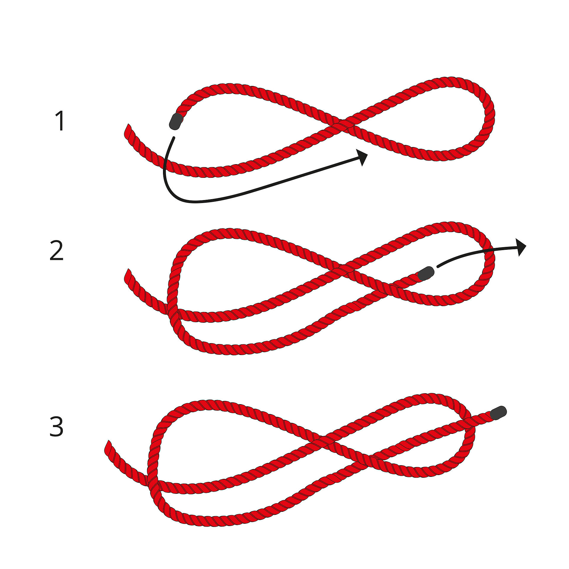 Eine Grafik zeigt die Schritte zum Knoten eines Achtstek.