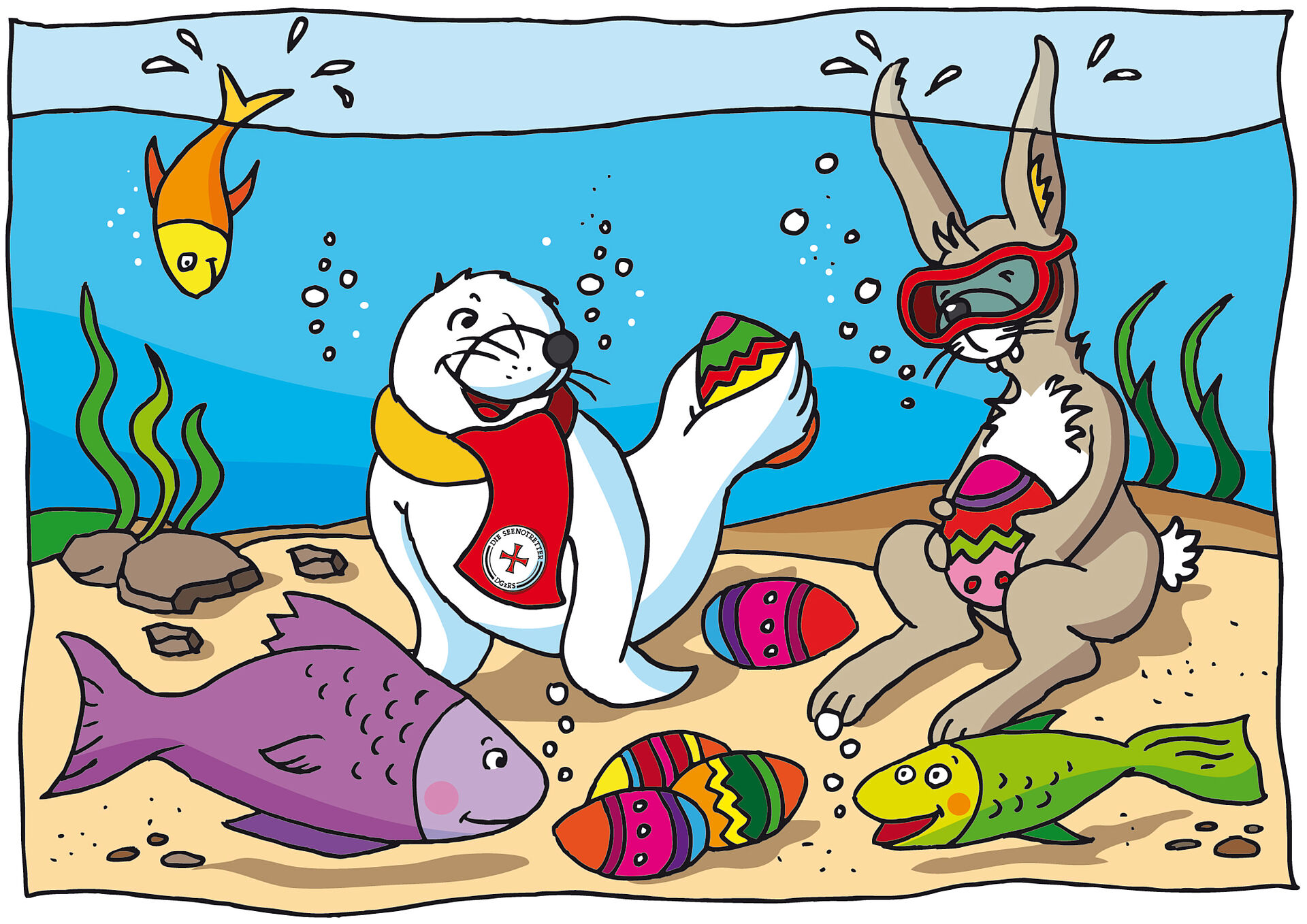 Illustration einer Unterwasserwelt samt Osterhase, Robbe, Fische und Ostereier