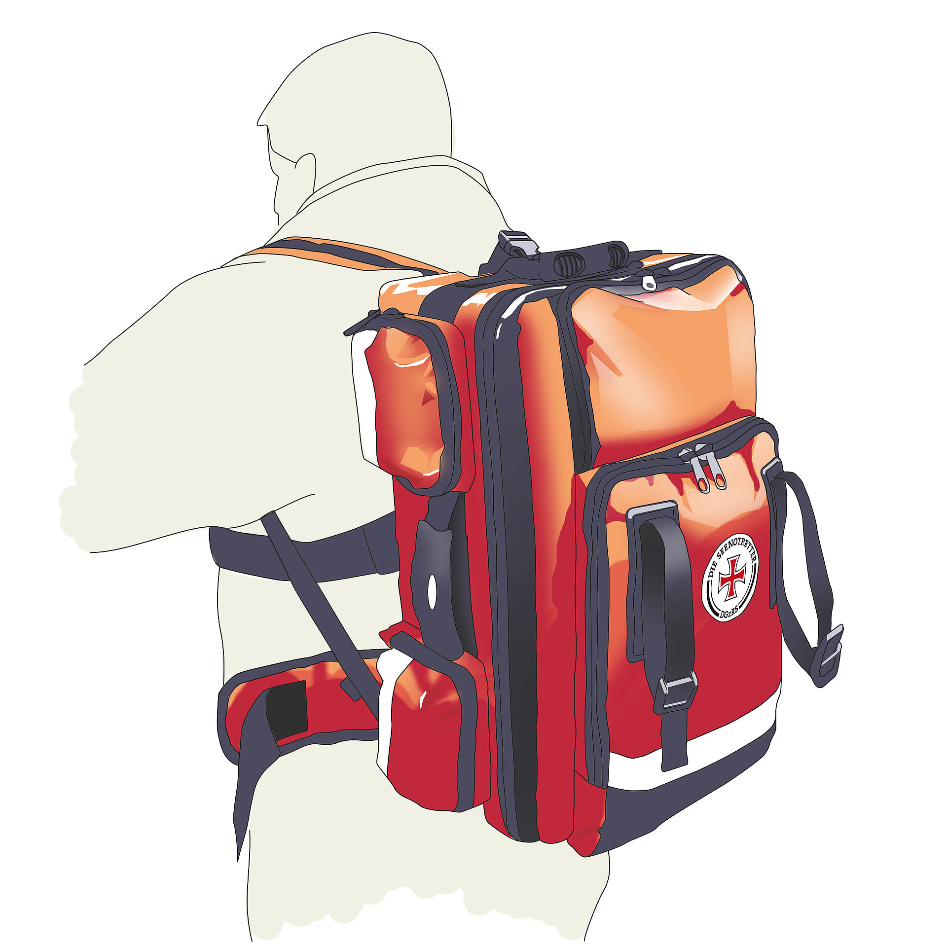 Illustration einer Person, die den DGzRS-Notfallrucksack trägt