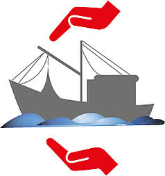 Illustration eines Schiffes, welches von zwei Händen umrandet wird