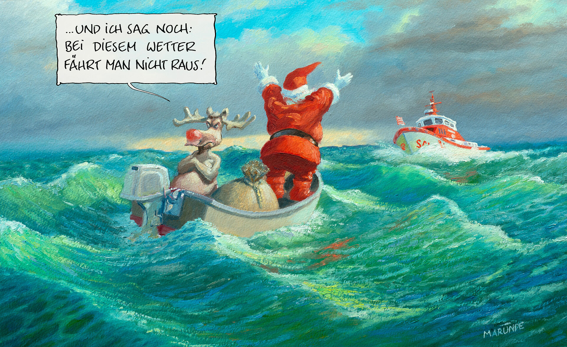In einem Boot sitzen ein Rentier und der Weihnachtsmann, sie warten auf die Hilfe der Seenotretter
